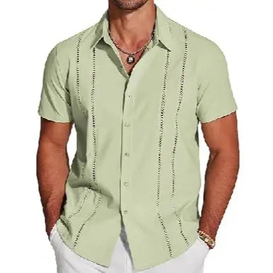 Wellshot Men's Cuban Guayabera Shirt Short Sleeve V-Neck Button Down Casual Summer Beach Linen Top Fitted Breathable Soft Fabric