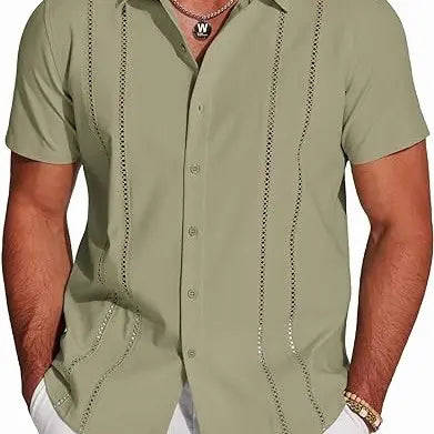 Wellshot Men's Cuban Guayabera Shirt Short Sleeve V-Neck Button Down Casual Summer Beach Linen Top Fitted Breathable Soft Fabric