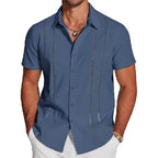 Wellshot Men's Cuban Guayabera Shirt Short Sleeve V-Neck Button Down Casual Summer Beach Linen Top Fitted Breathable Soft Fabric