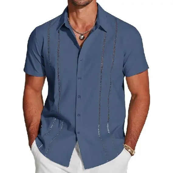 Wellshot Men's Cuban Guayabera Shirt Short Sleeve V-Neck Button Down Casual Summer Beach Linen Top Fitted Breathable Soft Fabric