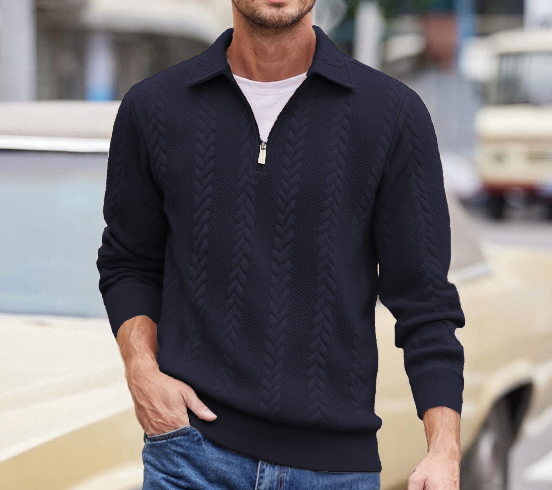 Wellshot Men's Knitted Polo Neck Long Sleeve Fitted Sweatshirt