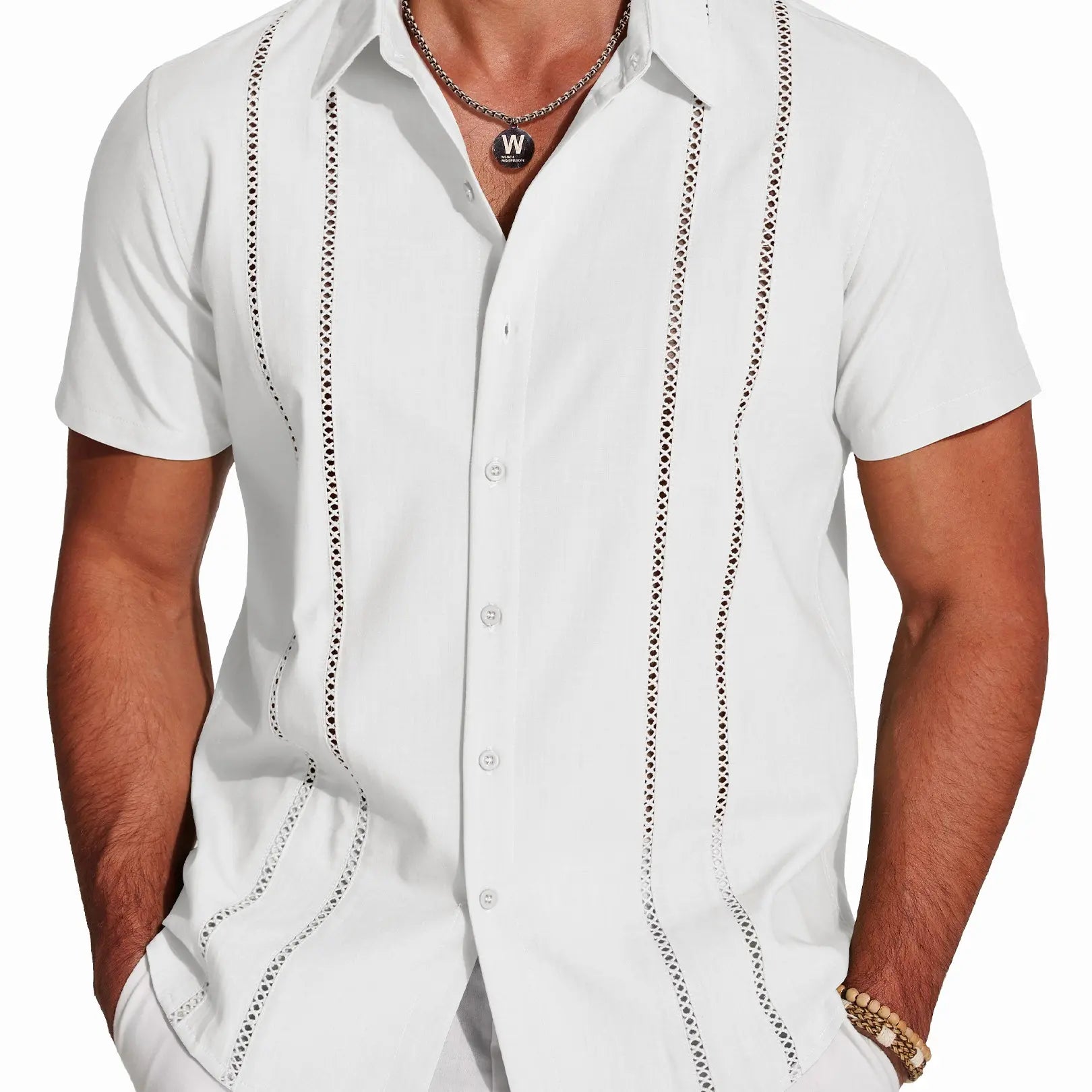 Wellshot Men's Cuban Guayabera Shirt Short Sleeve V-Neck Button Down Casual Summer Beach Linen Top Fitted Breathable Soft Fabric
