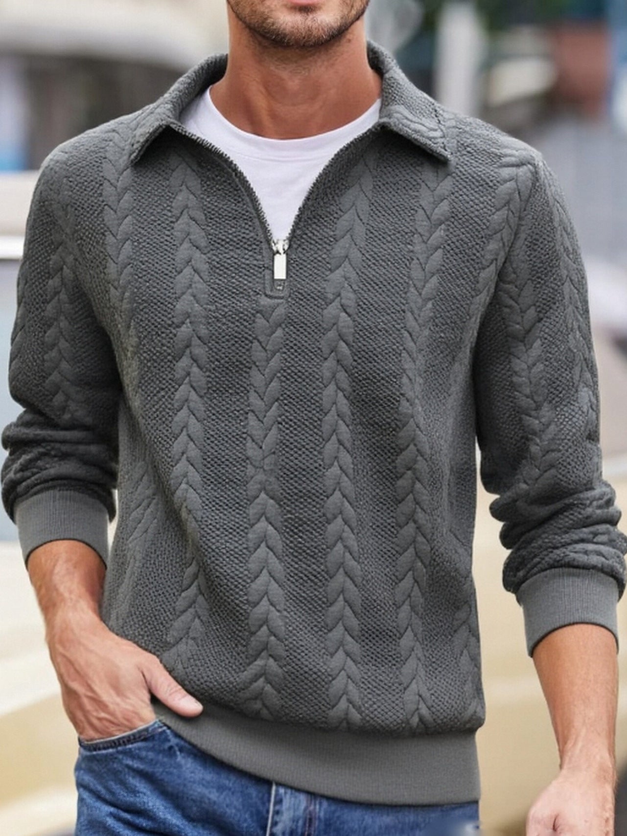Wellshot Men's Knitted Polo Neck Long Sleeve Fitted Sweatshirt