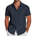 Wellshot Men's Cuban Guayabera Shirt Short Sleeve V-Neck Button Down Casual Summer Beach Linen Top Fitted Breathable Soft Fabric