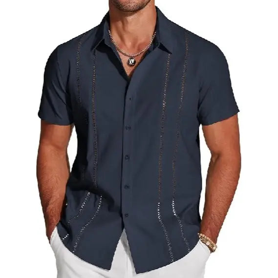 Wellshot Men's Cuban Guayabera Shirt Short Sleeve V-Neck Button Down Casual Summer Beach Linen Top Fitted Breathable Soft Fabric