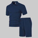 Wellshot Men's 2PCS Solid Polo Shirt & Drawstring Waist Shorts Set