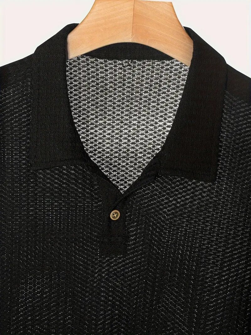 Wellshot Men's Plain Jacquard Knit Short Sleeve Button Polo Shirt