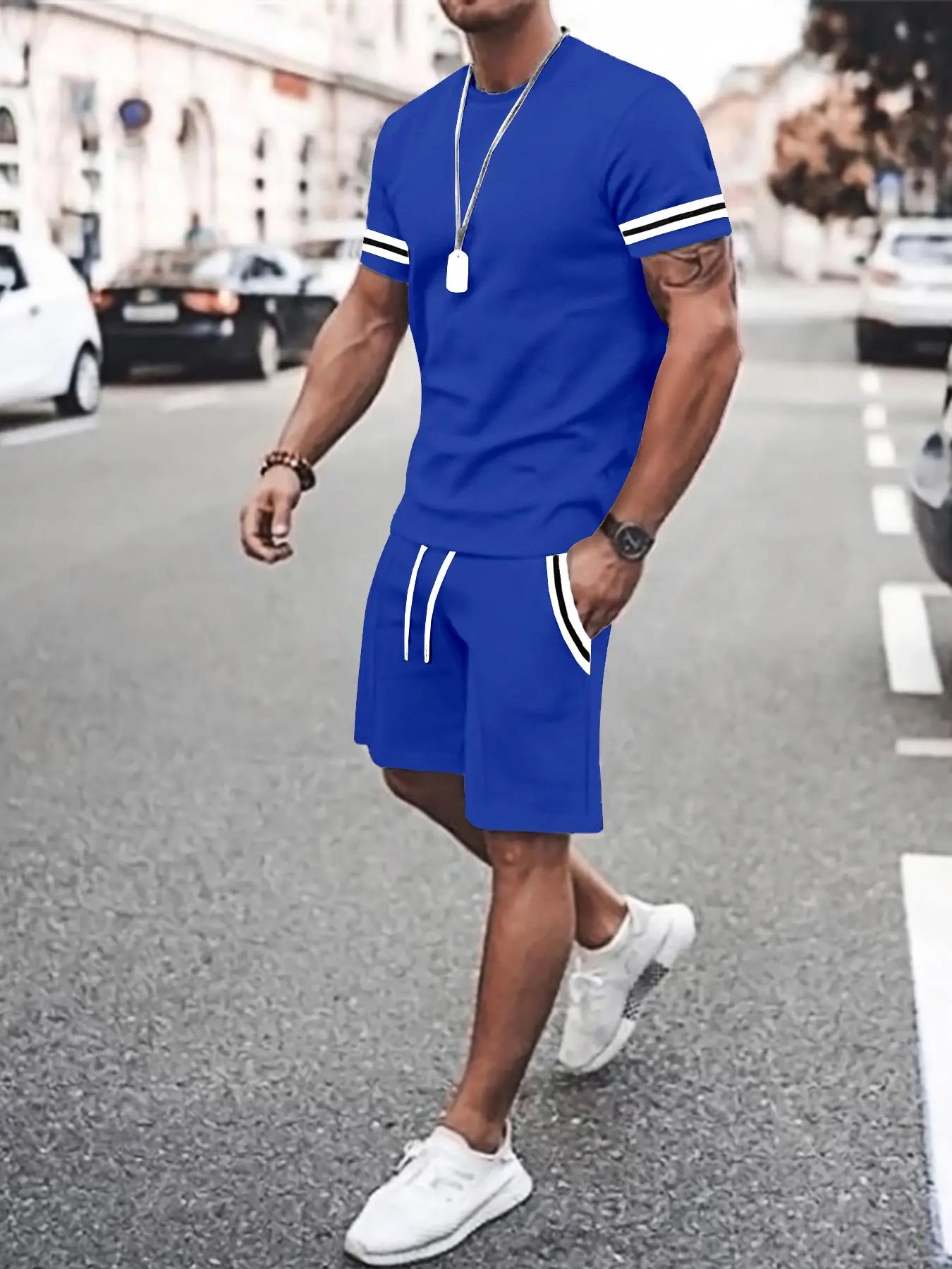 Wellshot Men's 2PCS Contrast Binding Tee & Drawstring Waist Shorts Set