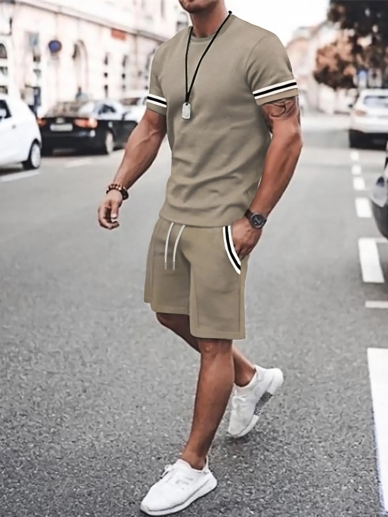 Wellshot Men's 2PCS Contrast Binding Tee & Drawstring Waist Shorts Set
