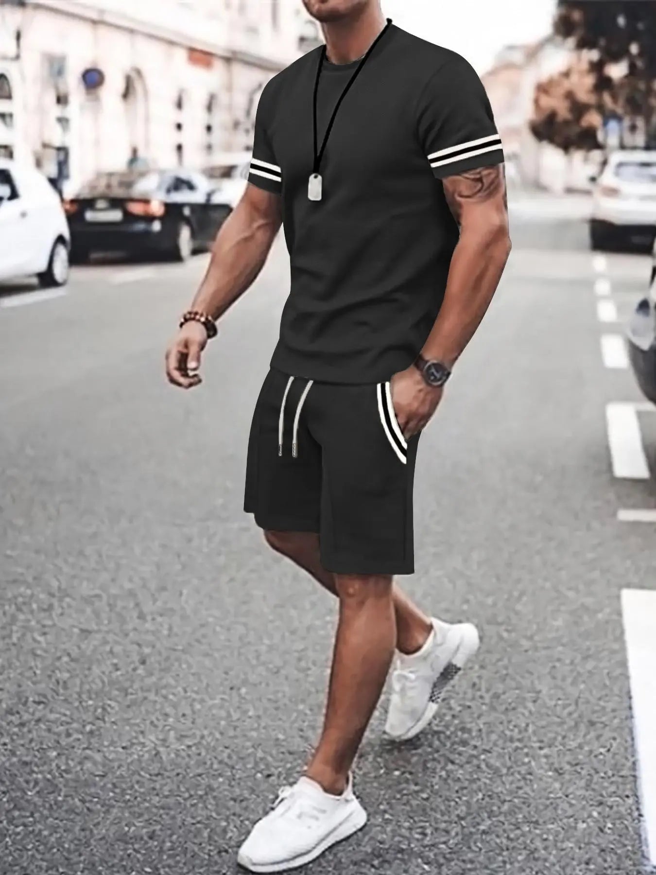 Wellshot Men's 2PCS Contrast Binding Tee & Drawstring Waist Shorts Set