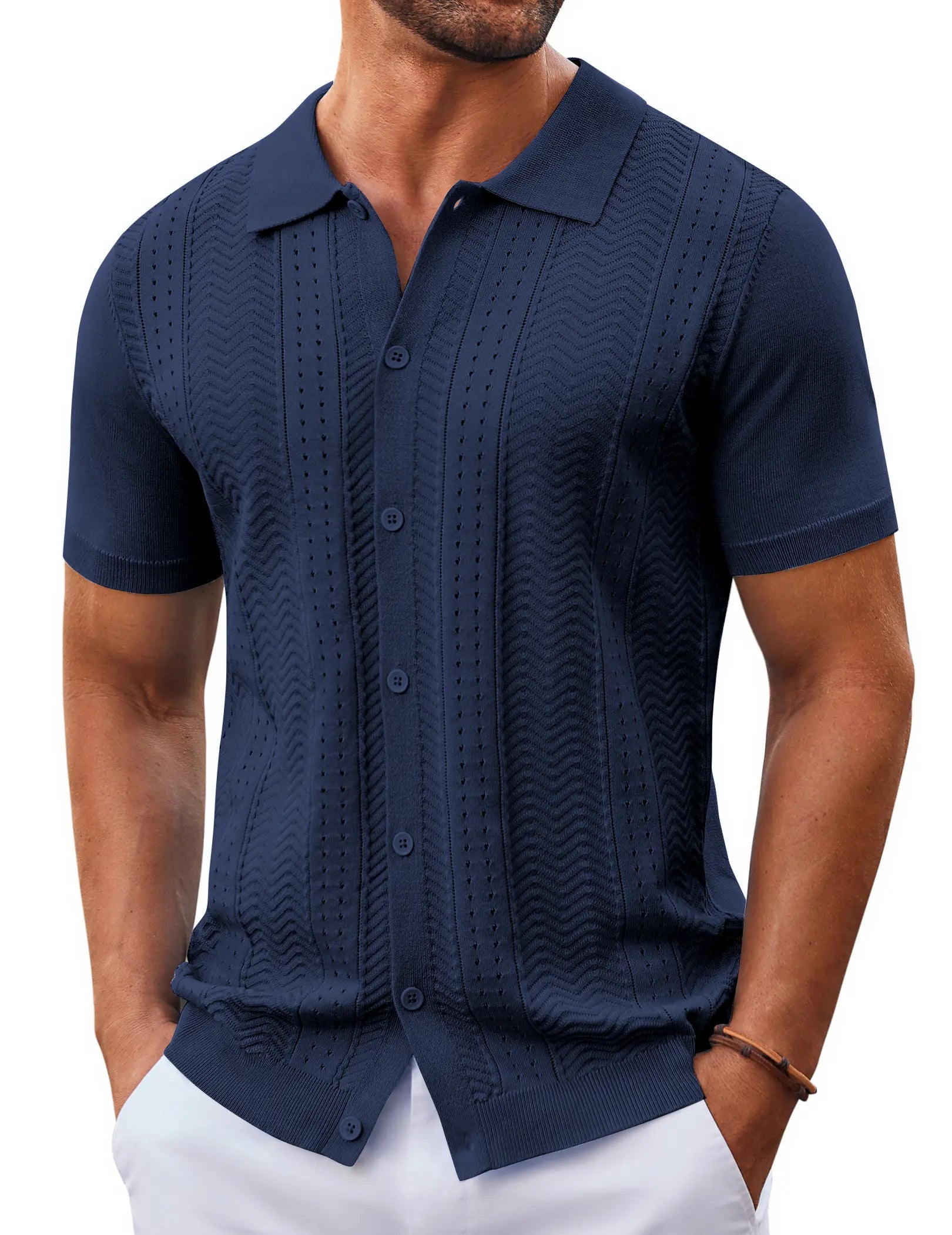 Wellshot Mens Knit Button Down Shirt Short Sleeve Summer Casual Shirts Vintage Beach Vacation Shirts