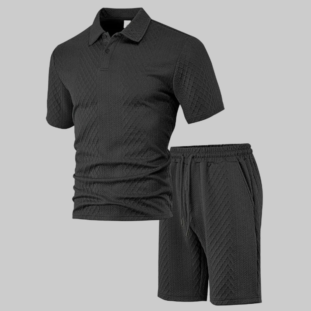 Wellshot Men's 2PCS Solid Polo Shirt & Drawstring Waist Shorts Set