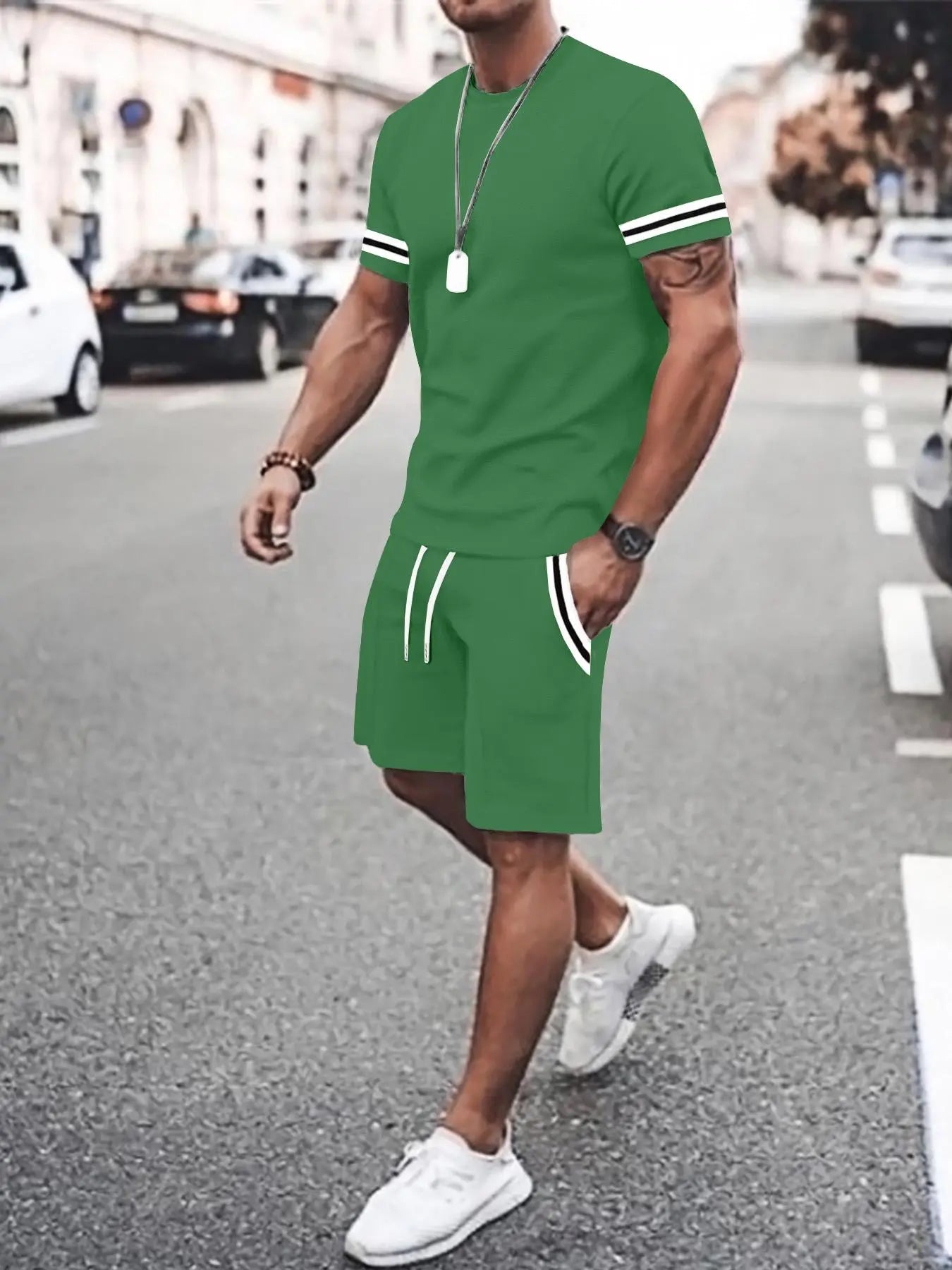 Wellshot Men's 2PCS Contrast Binding Tee & Drawstring Waist Shorts Set
