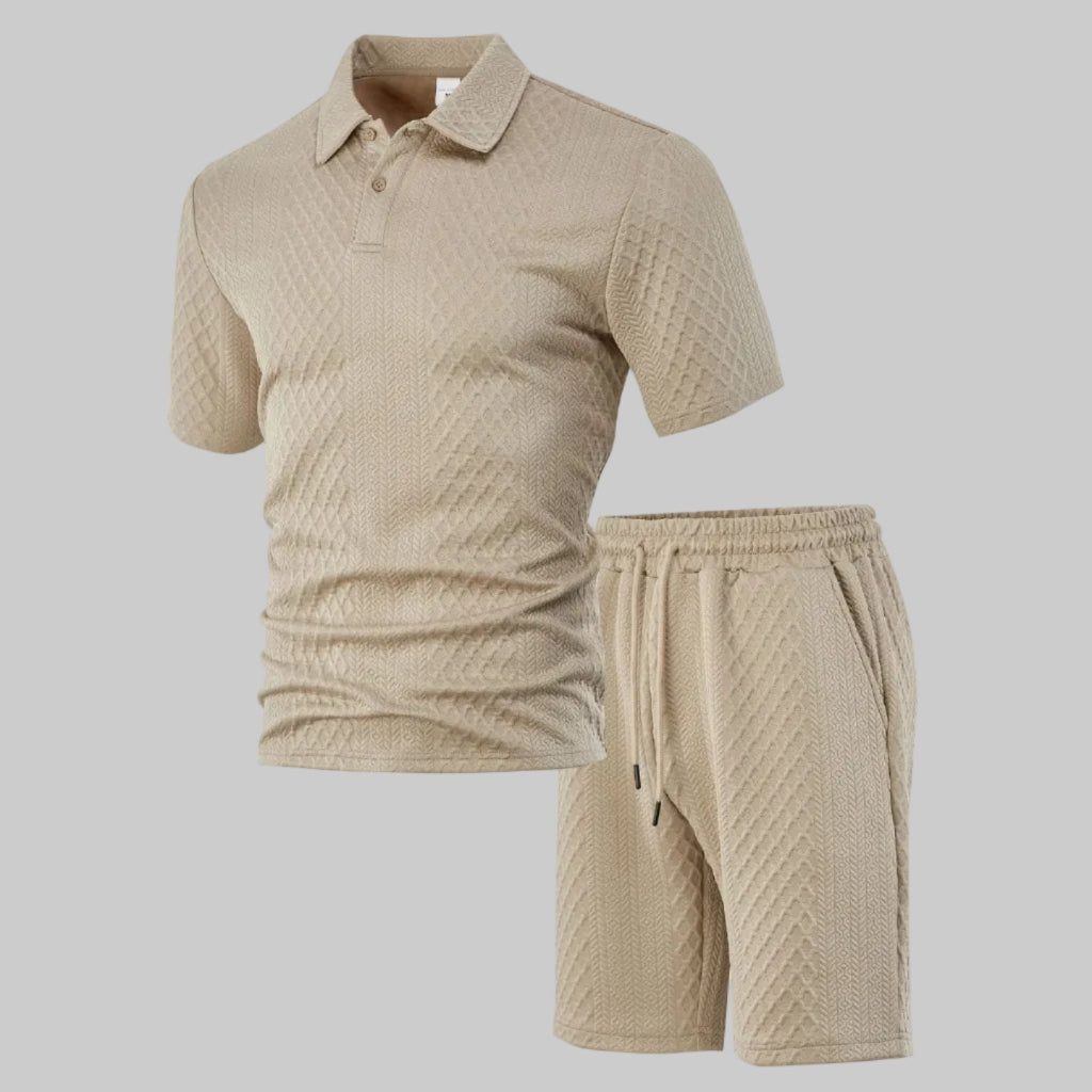 Wellshot Men's 2PCS Solid Polo Shirt & Drawstring Waist Shorts Set