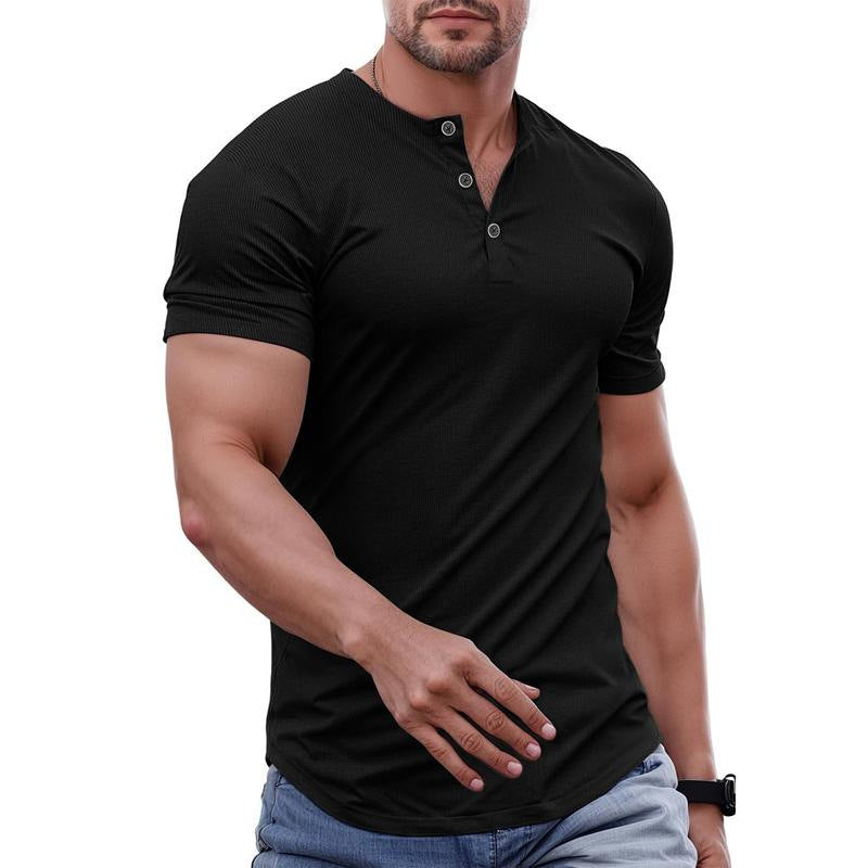 Wellshot Men's Plain Slim Fitted Henley Shirts Crewneck Longline T-Shirt Gym Workout Athletic Shirt Tees