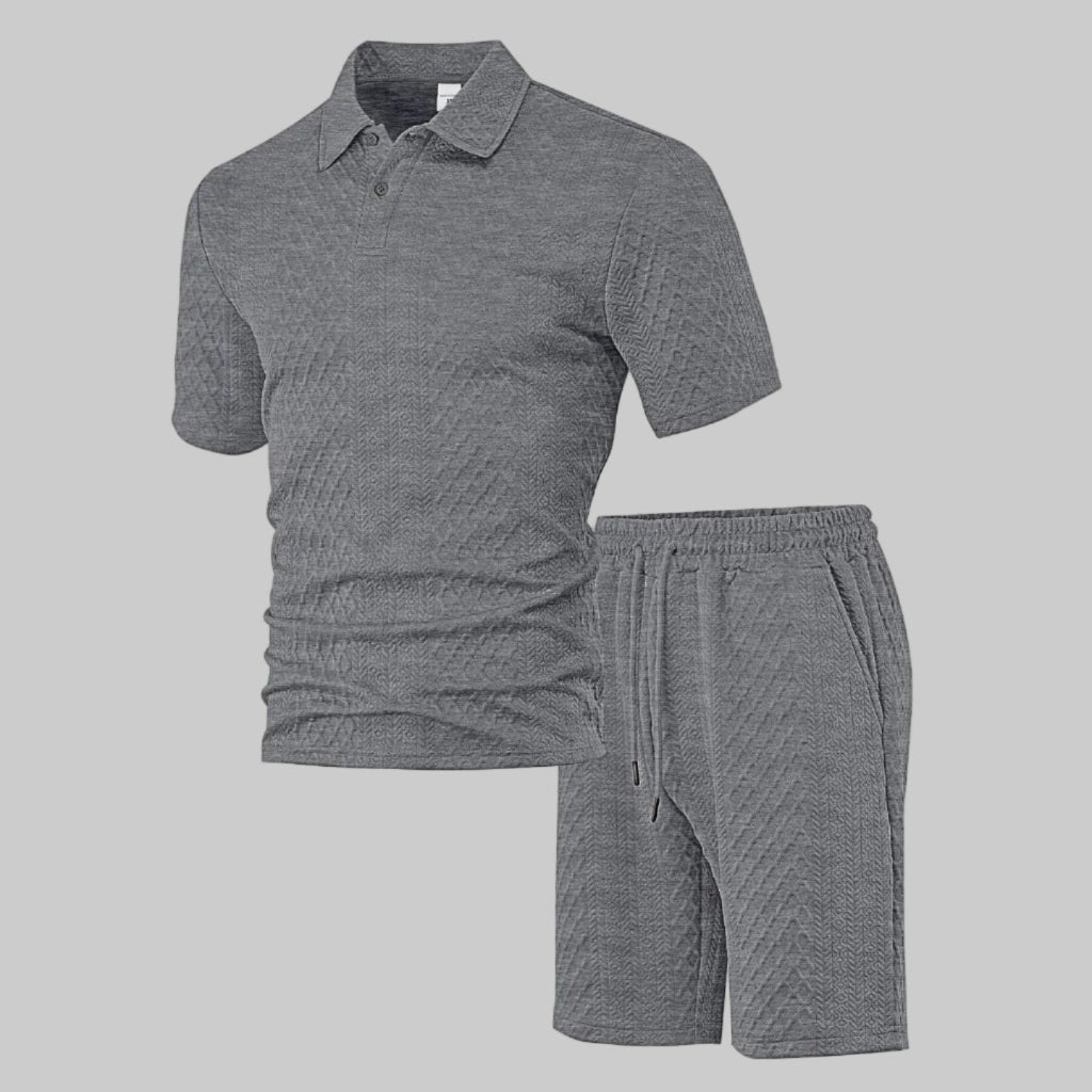 Wellshot Men's 2PCS Solid Polo Shirt & Drawstring Waist Shorts Set