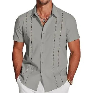 Wellshot Men's Cuban Guayabera Shirt Short Sleeve V-Neck Button Down Casual Summer Beach Linen Top Fitted Breathable Soft Fabric
