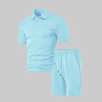 Wellshot Men's 2PCS Solid Polo Shirt & Drawstring Waist Shorts Set
