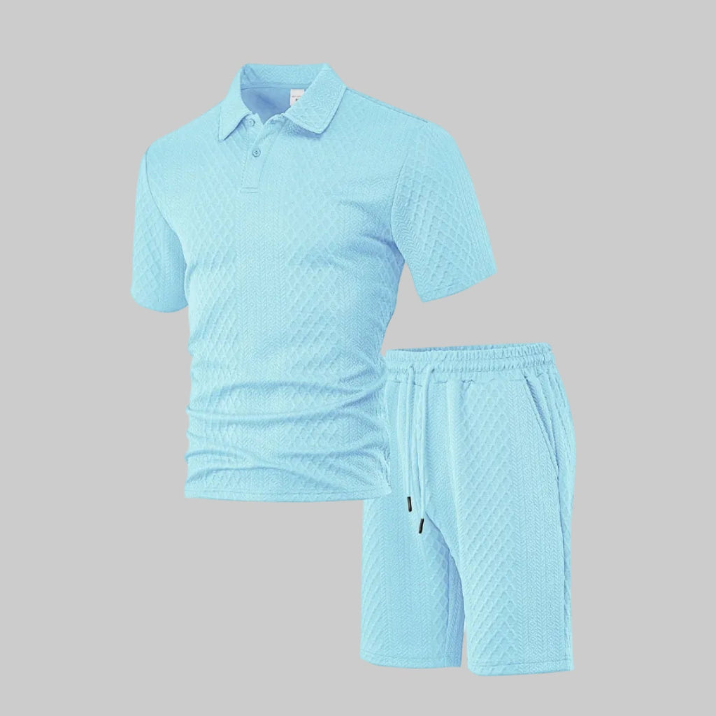 Wellshot Men's 2PCS Solid Polo Shirt & Drawstring Waist Shorts Set