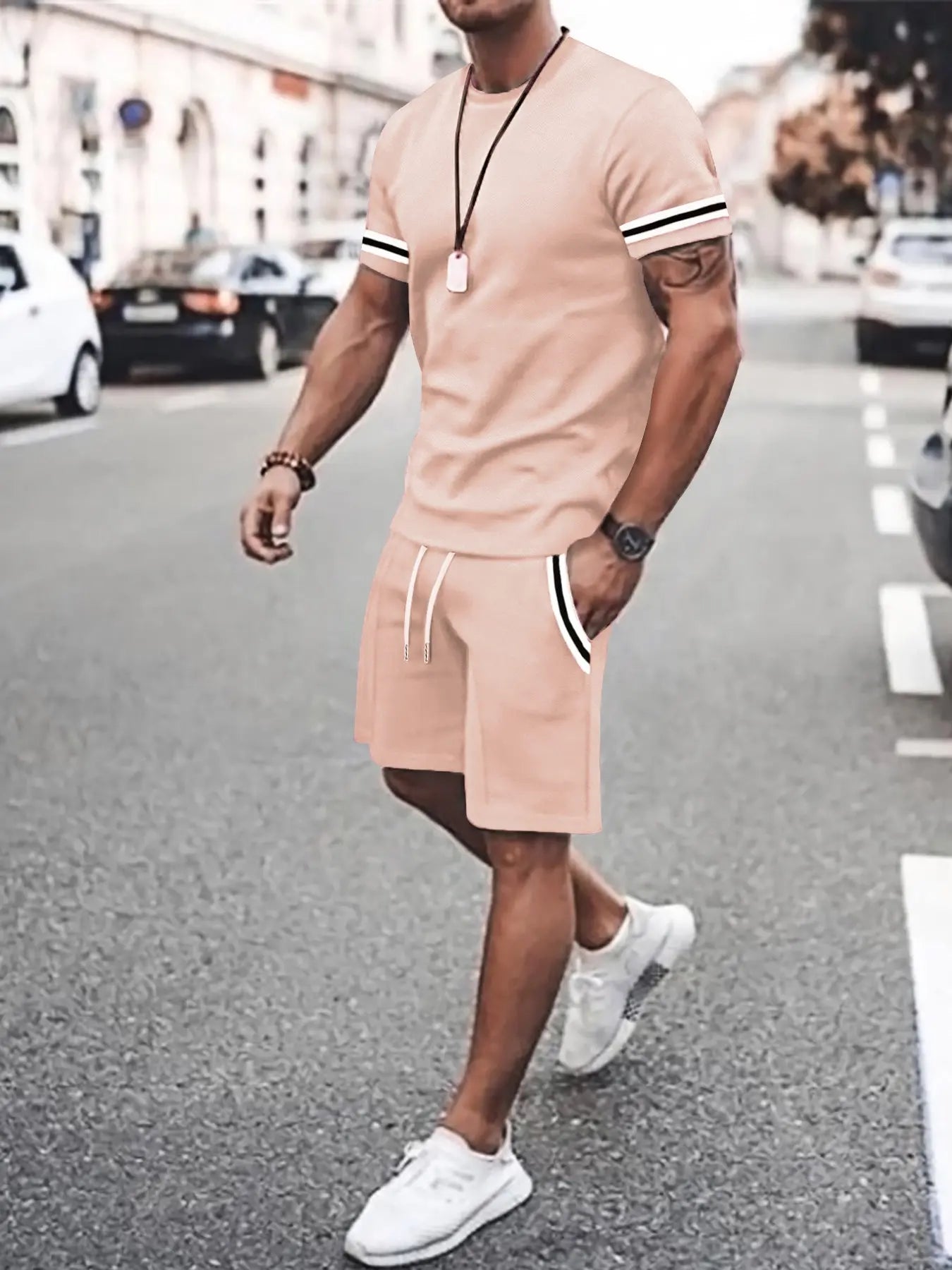 Wellshot Men's 2PCS Contrast Binding Tee & Drawstring Waist Shorts Set