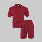 Wellshot Men's 2PCS Solid Polo Shirt & Drawstring Waist Shorts Set