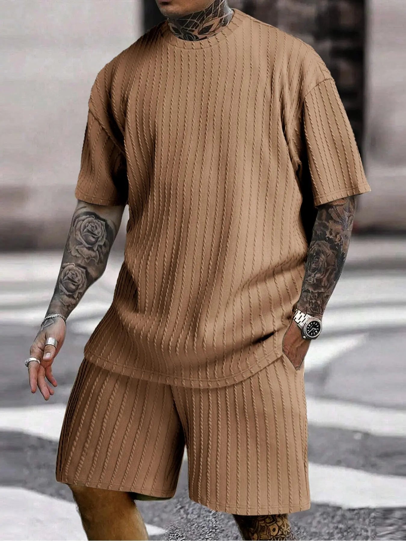 Men’s Streetwear 2-Piece Set  Soft Textured Knit Oversized Tee & Drawstring Shorts, Casual Summer Outfit
