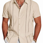 Wellshot Men's Cuban Guayabera Shirt Short Sleeve V-Neck Button Down Casual Summer Beach Linen Top Fitted Breathable Soft Fabric