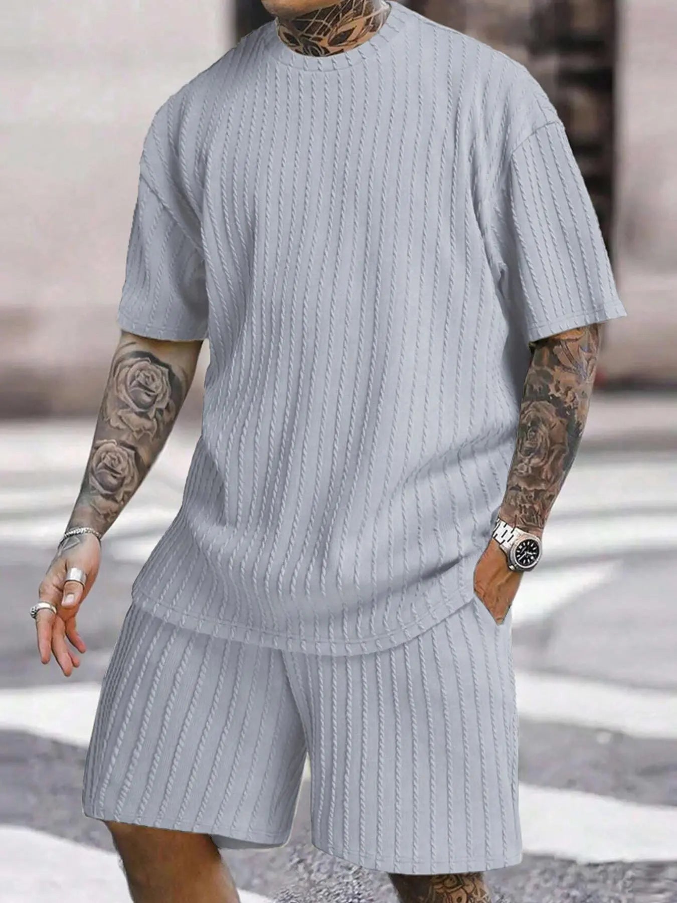 Men’s Streetwear 2-Piece Set  Soft Textured Knit Oversized Tee & Drawstring Shorts, Casual Summer Outfit