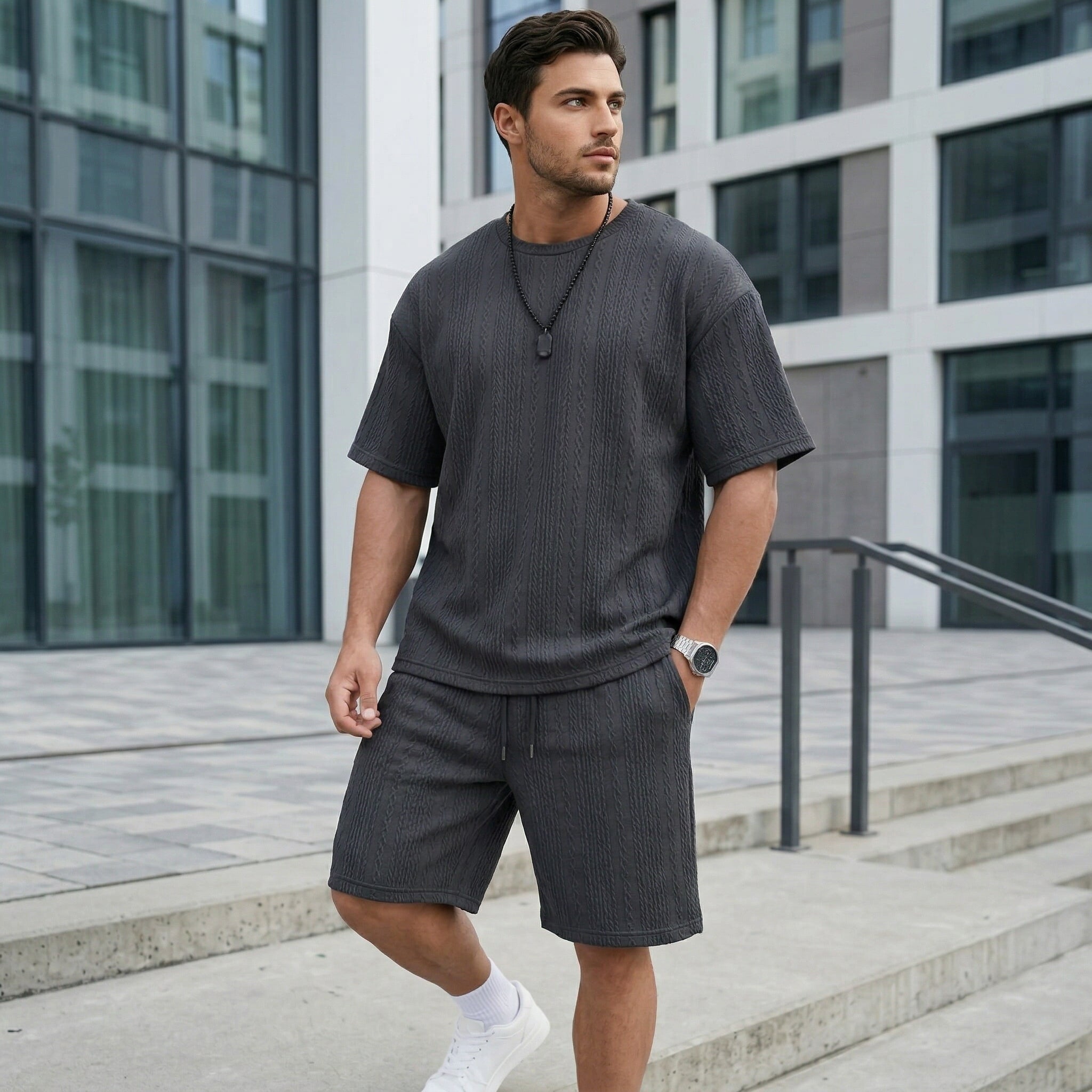 Men’s Streetwear 2-Piece Set  Soft Textured Knit Oversized Tee & Drawstring Shorts, Casual Summer Outfit