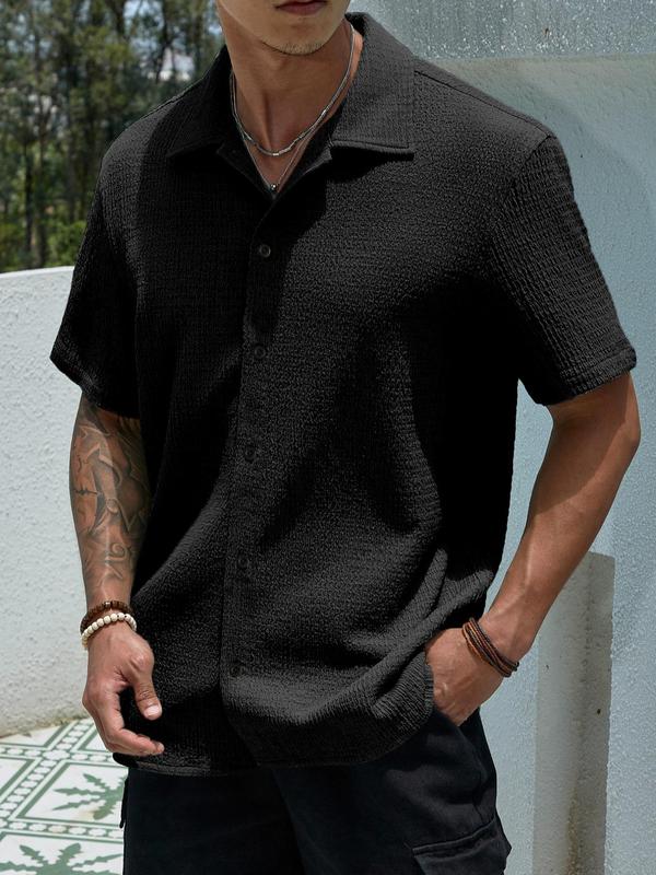 Wellshot Men's Textured Button Front Shirt, Casual Regular Fit Short Sleeve Collared Top for Summer