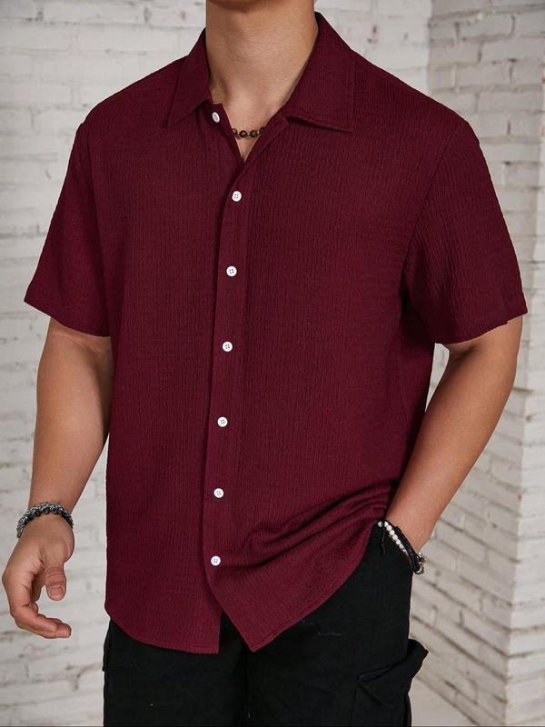 Wellshot Men's Textured Button Front Shirt, Casual Regular Fit Short Sleeve Collared Top for Summer