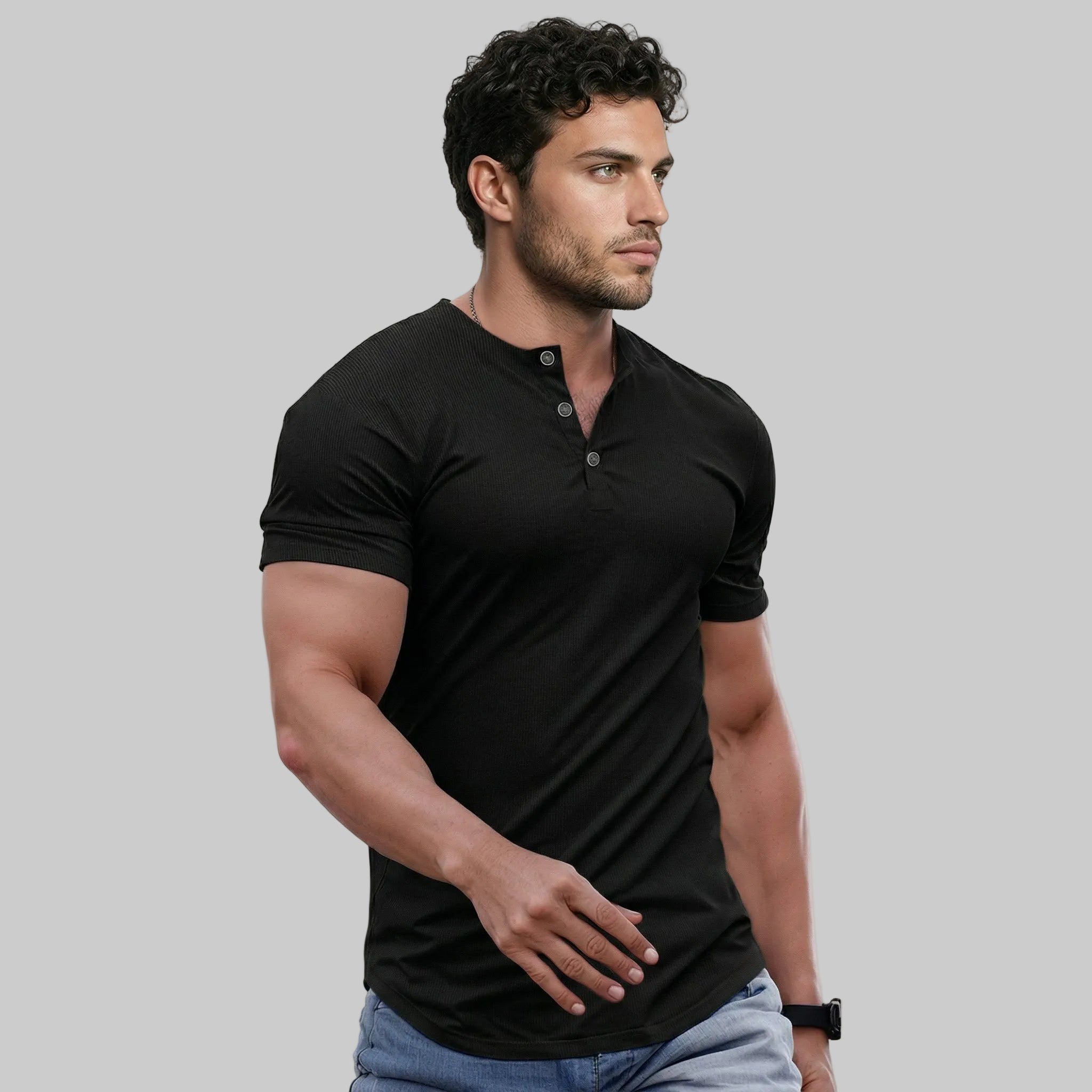 Wellshot Men's Plain Slim Fitted Henley Shirts Crewneck Longline T-Shirt Gym Workout Athletic Shirt Tees