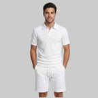 Wellshot Men's 2PCS Solid Polo Shirt & Drawstring Waist Shorts Set