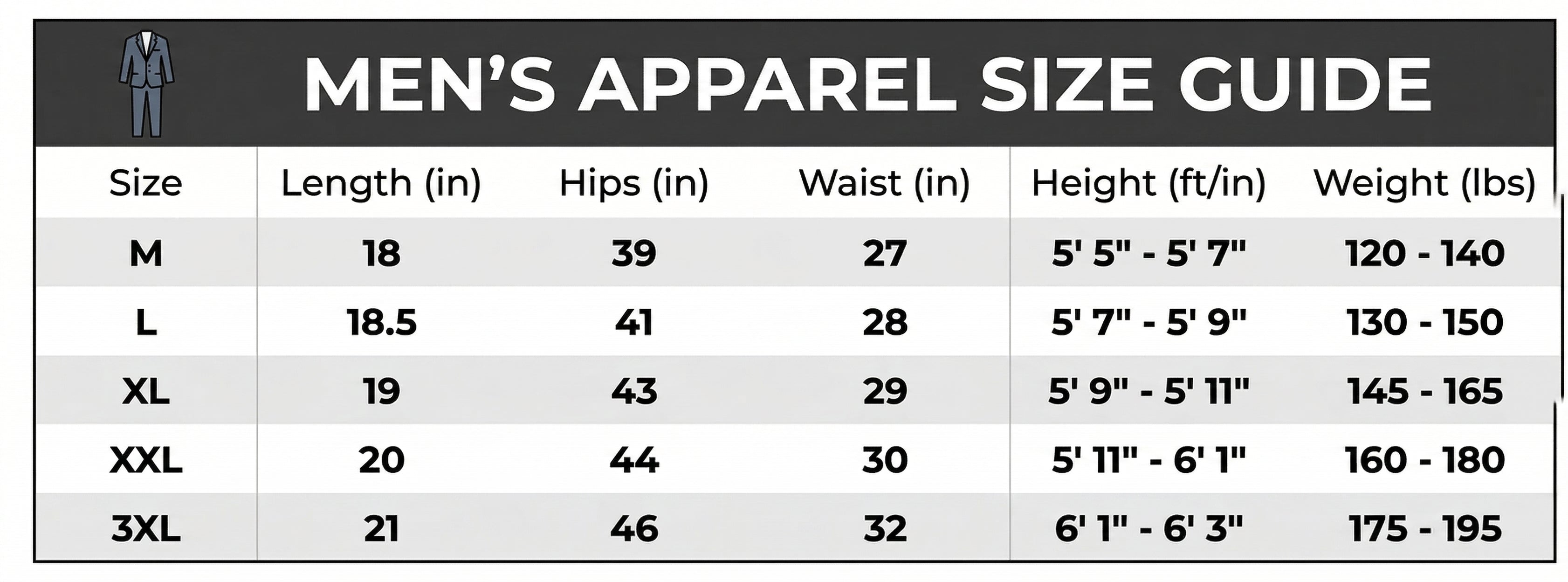 Men's apparel size guide with measurements and weight ranges.