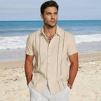 Wellshot Men's Cuban Guayabera Shirt Short Sleeve V-Neck Button Down Casual Summer Beach Linen Top Fitted Breathable Soft Fabric