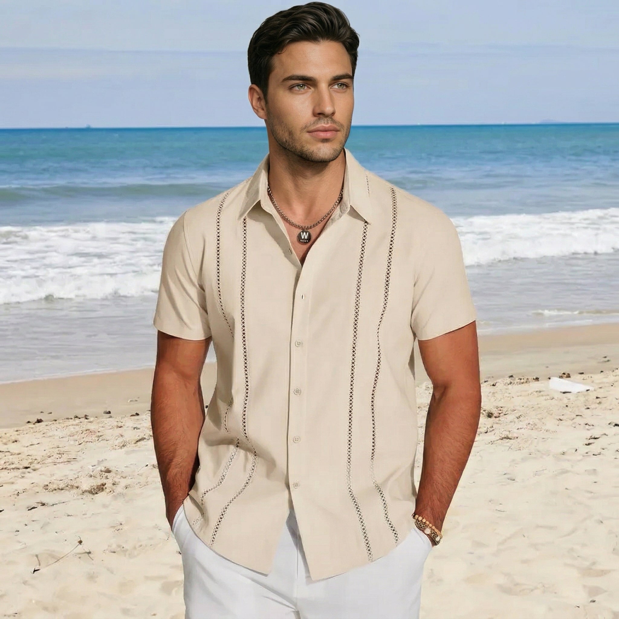 Wellshot Men's Cuban Guayabera Shirt Short Sleeve V-Neck Button Down Casual Summer Beach Linen Top Fitted Breathable Soft Fabric