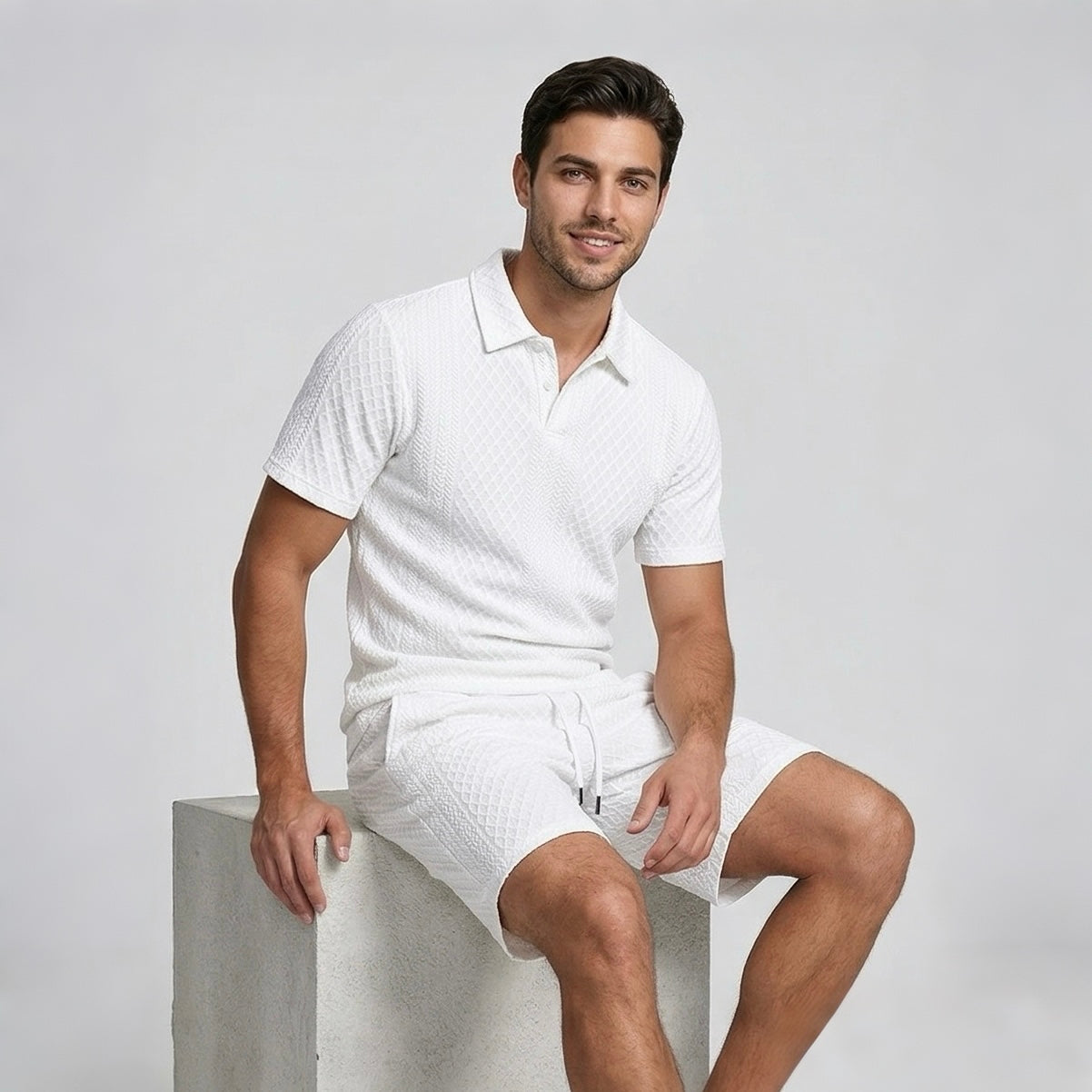 Wellshot Men's 2PCS Solid Polo Shirt & Drawstring Waist Shorts Set