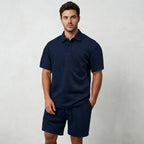 Wellshot Men's 2PCS Solid Polo Shirt & Drawstring Waist Shorts Set