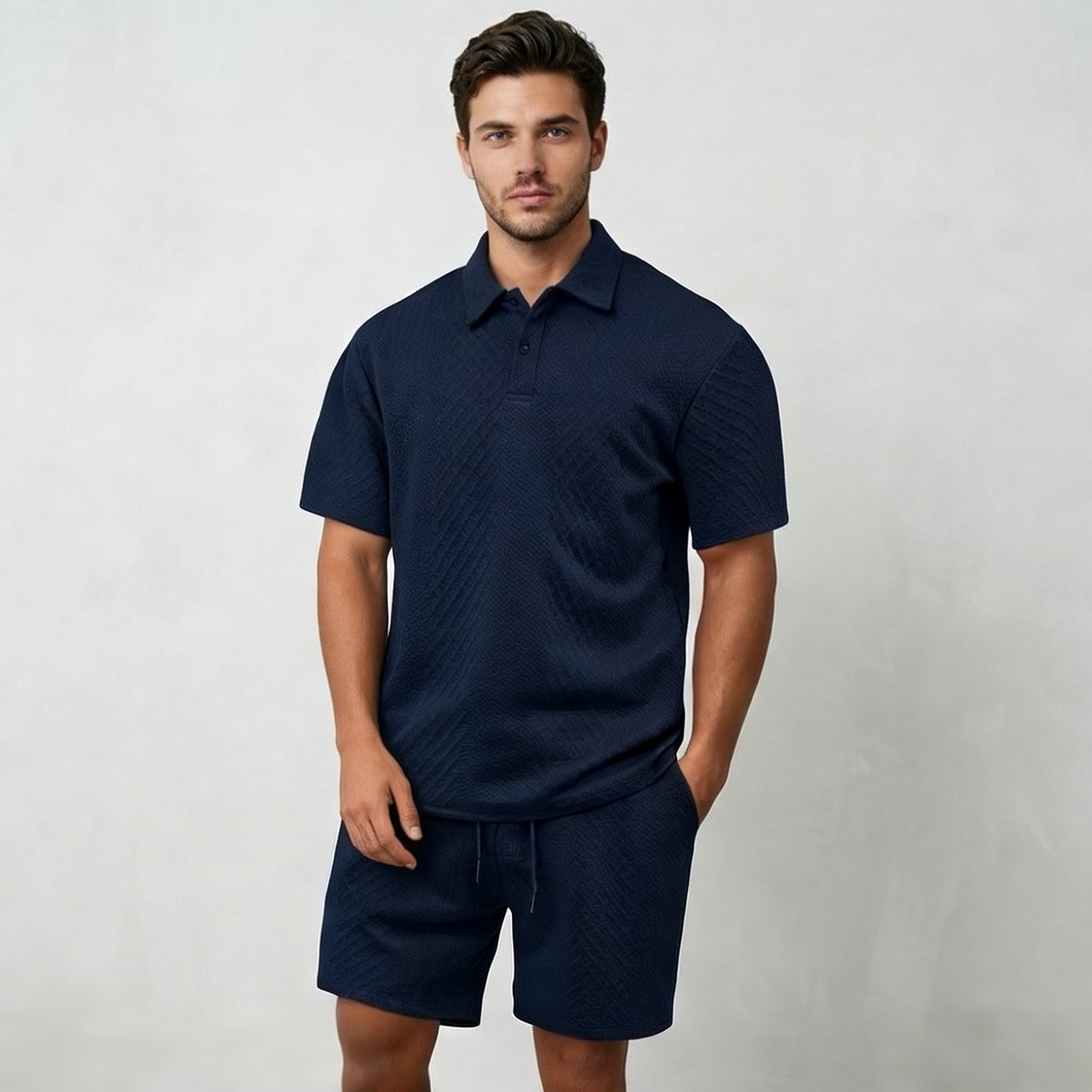 Wellshot Men's 2PCS Solid Polo Shirt & Drawstring Waist Shorts Set