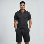 Wellshot Men's 2PCS Solid Polo Shirt & Drawstring Waist Shorts Set