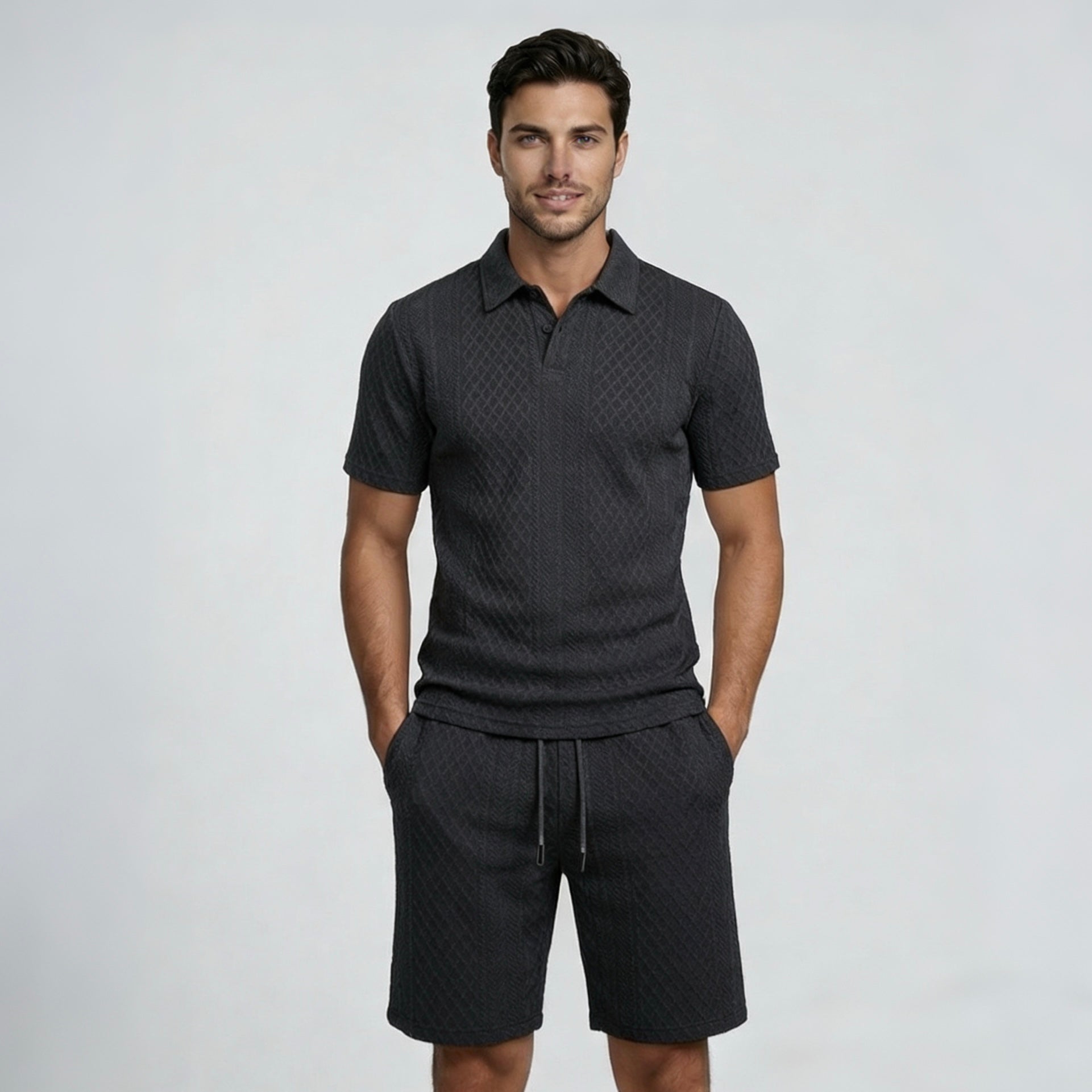 Wellshot Men's 2PCS Solid Polo Shirt & Drawstring Waist Shorts Set