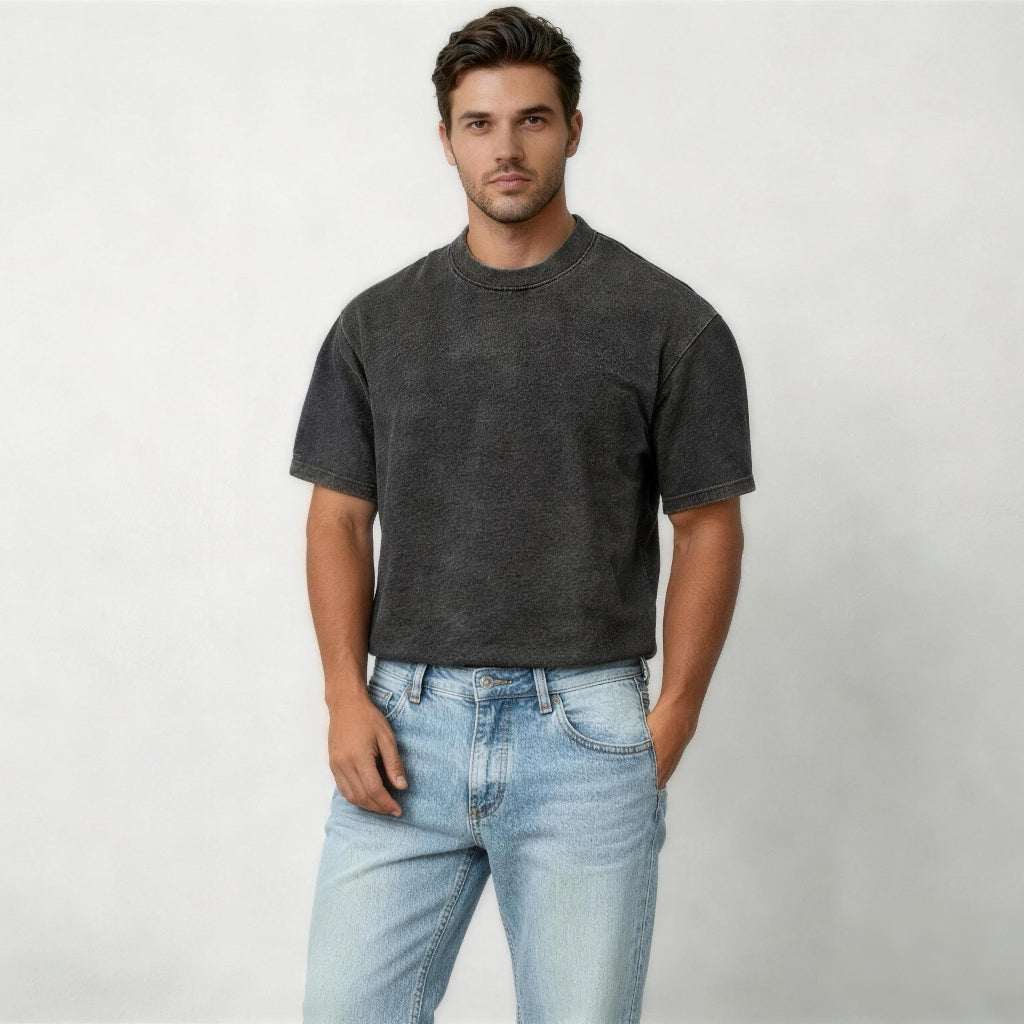 Wellshot Men's Vintage Washed  6.8oz Heavyweight Cotton Oversized T-Shirt – Drop Shoulder Retro Street Style