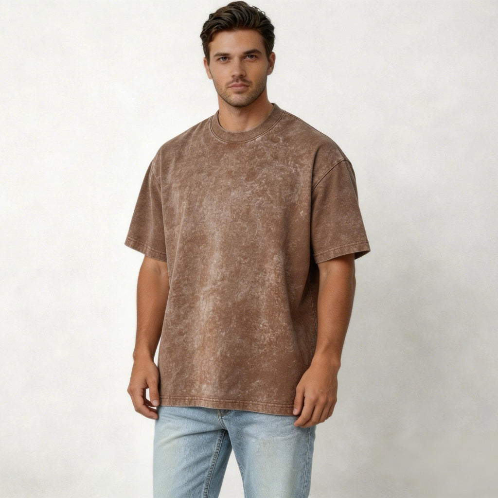 Wellshot Men's Vintage Washed  6.8oz Heavyweight Cotton Oversized T-Shirt – Drop Shoulder Retro Street Style
