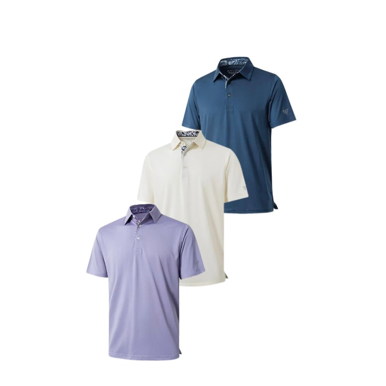 Wellshot Men‘s Floral Collar Polo Shirt – Anti-Wrinkle Stretchy Arm-Enhancing Short Sleeves