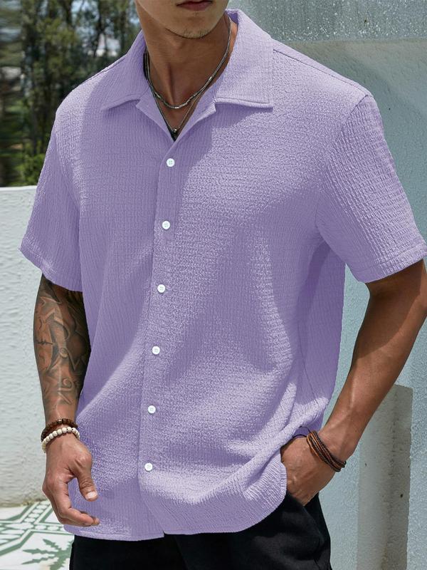 Wellshot Men's Textured Button Front Shirt, Casual Regular Fit Short Sleeve Collared Top for Summer