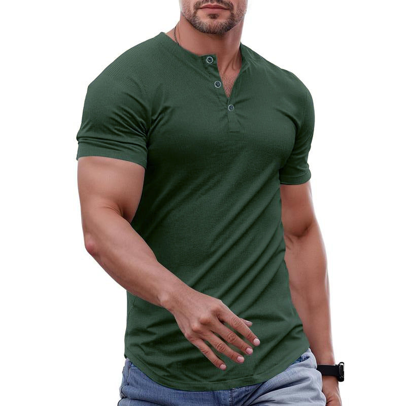 Wellshot Men's Plain Slim Fitted Henley Shirts Crewneck Longline T-Shirt Gym Workout Athletic Shirt Tees