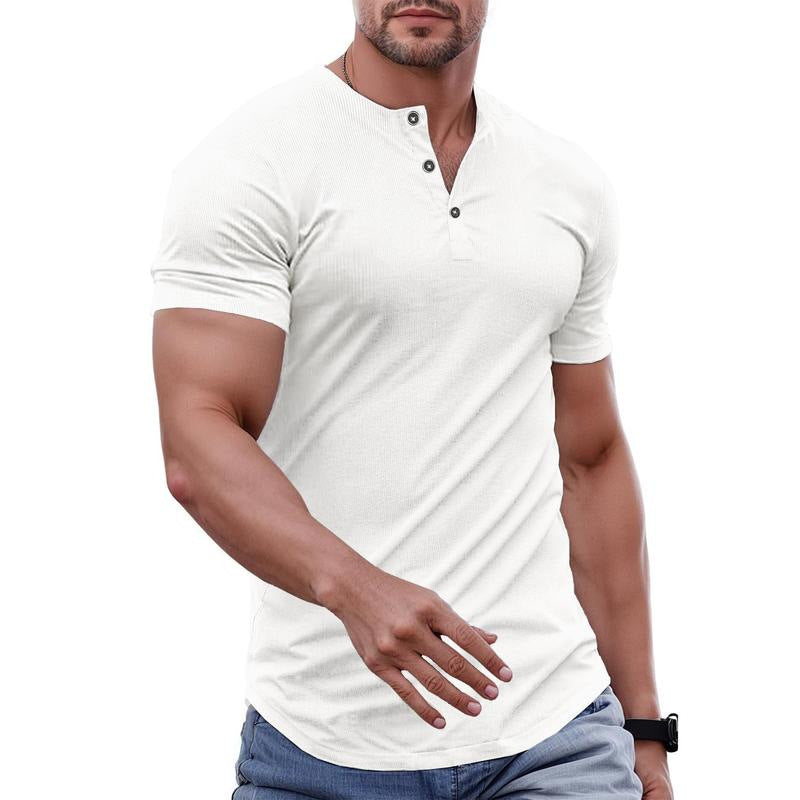 Wellshot Men's Plain Slim Fitted Henley Shirts Crewneck Longline T-Shirt Gym Workout Athletic Shirt Tees