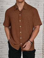 Wellshot Men's Textured Button Front Shirt, Casual Regular Fit Short Sleeve Collared Top for Summer
