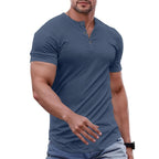 Wellshot Men's Plain Slim Fitted Henley Shirts Crewneck Longline T-Shirt Gym Workout Athletic Shirt Tees