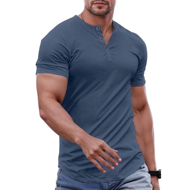 Wellshot Men's Plain Slim Fitted Henley Shirts Crewneck Longline T-Shirt Gym Workout Athletic Shirt Tees